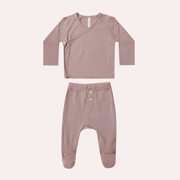 Pointelle Wrap Top + Footed Pant Set - Lilac
