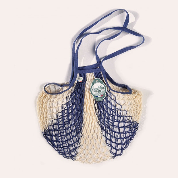 Small Net Shopping Bag - Long Handle - Jean Blue &amp; Organic Ecru