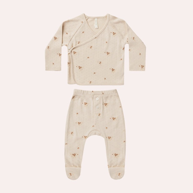 Pointelle Wrap Top + Footed Pant Set - Ditsy Clay