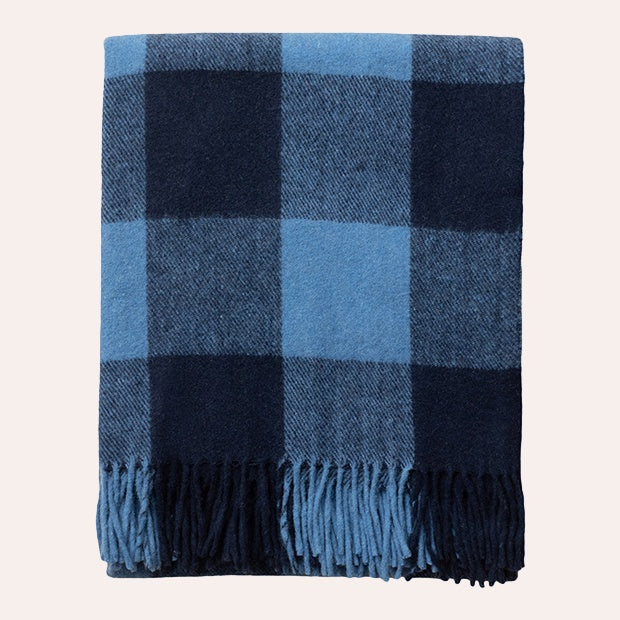 Recycled Wool Waterproof Picnic Blanket - Navy and Blue Buffalo Check &amp; Brown Leather Strap