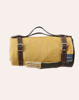 Recycled Wool Waterproof Picnic Blanket - Navy and Blue Buffalo Check & Brown Leather Strap