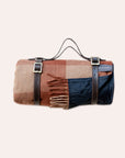 Recycled Wool Waterproof Picnic Blanket - Rust & Camel Buffalo Check & Brown Leather Strap